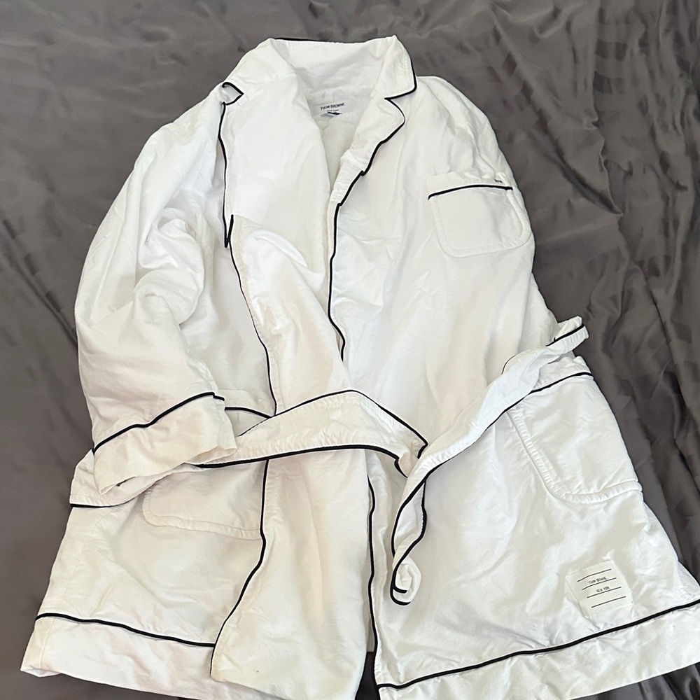 Thom Browne White Bath Robe with Black Trim